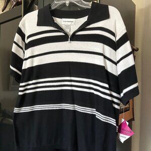 NWT CD Petites - Large, Black / White Horizontal stripes- polo w/ zipper at neck